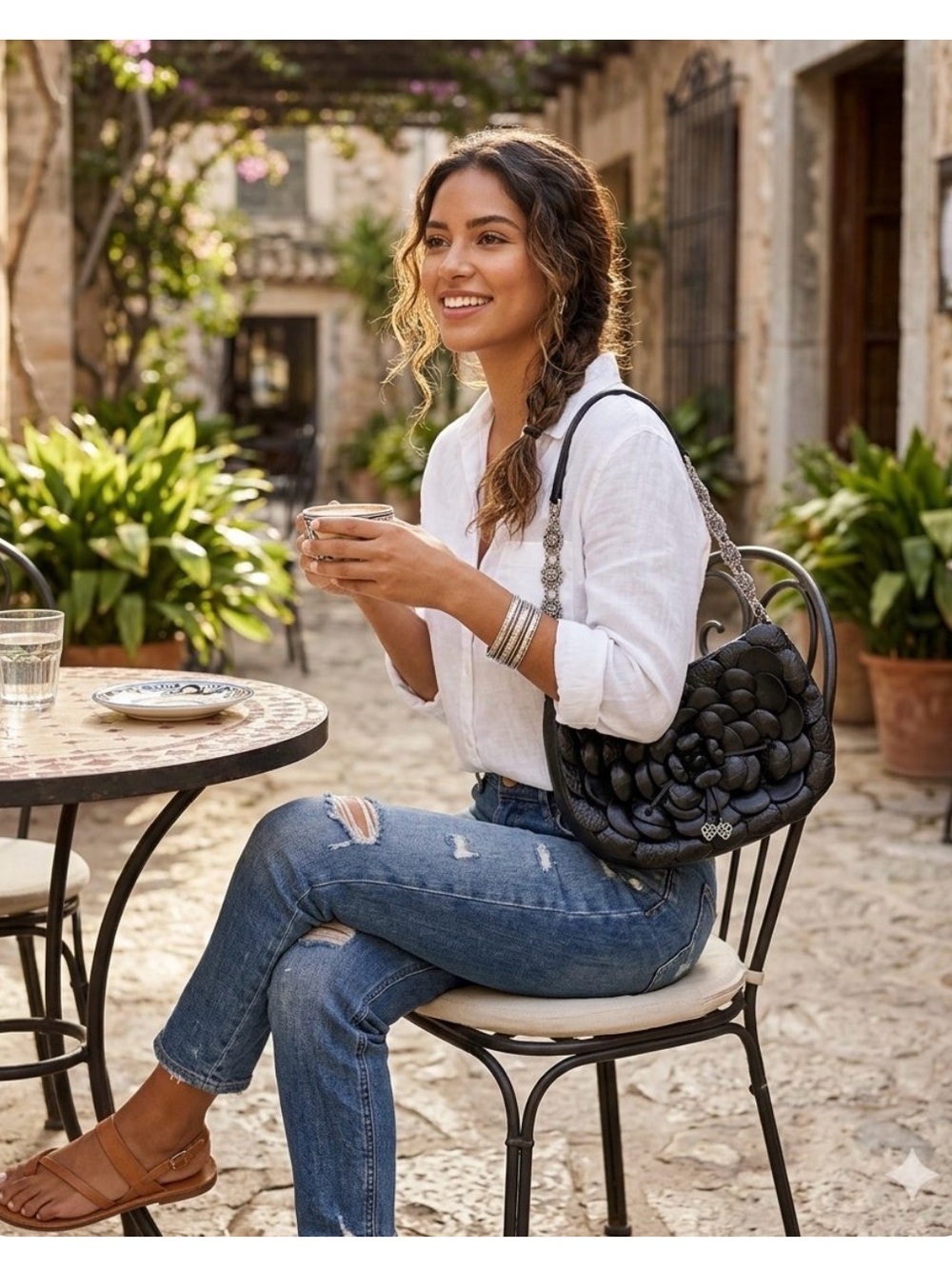 Brighton Black Floral Pedal Shoulder Bag with Silver Chain Strap